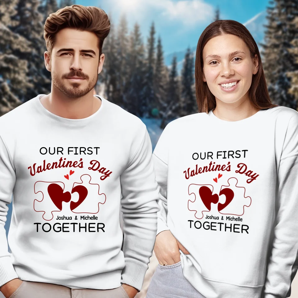 Our First Valentine's Day As Mr & Mrs, Heart Puzzle Line Art - Personalized Gifts For Couples - Unisex Sweater