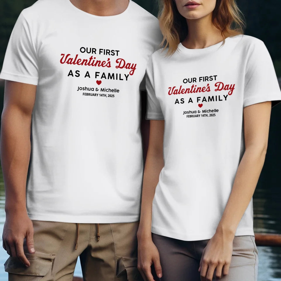 Our First Valentine's Day As Family, Vintage Style - Personalized Gifts For Couples - Unisex T-Shirt