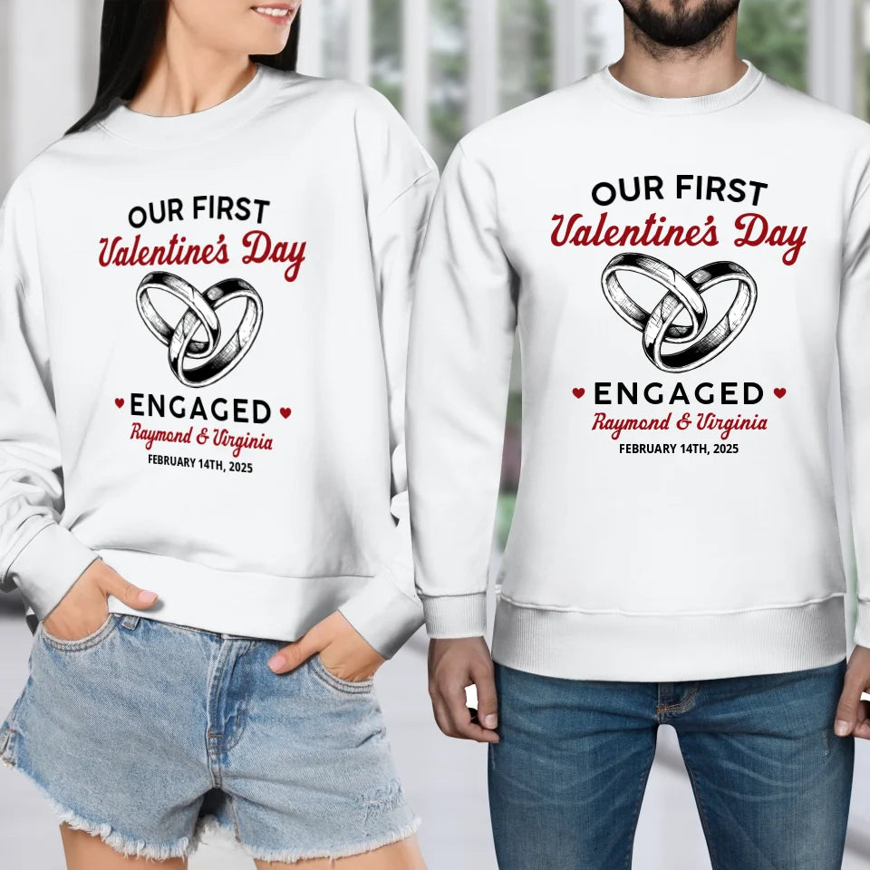 Our First Valentine's Day Engaged, Wedding Ring Sketch Style - Personalized Gifts For Couples - Unisex Sweater