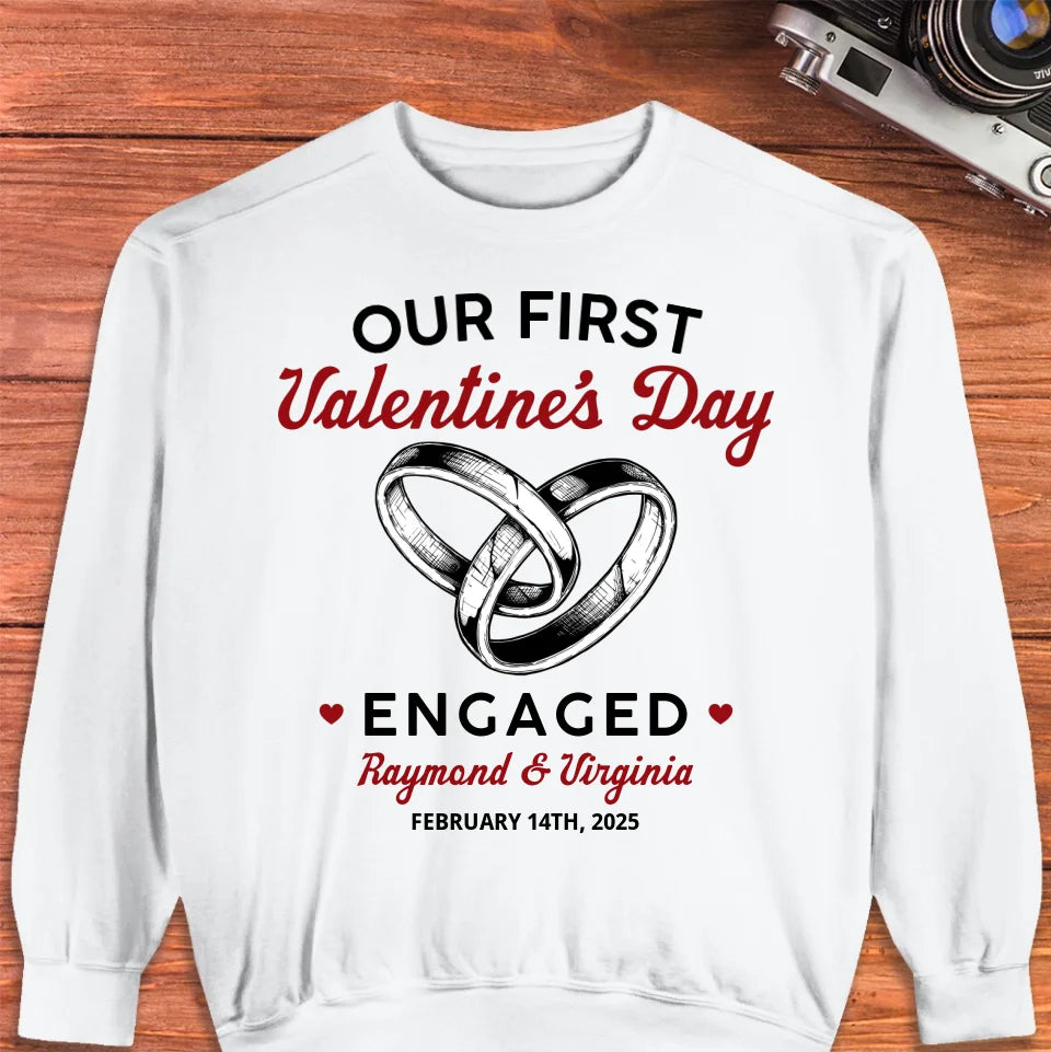 Our First Valentine's Day Engaged, Wedding Ring Sketch Style - Personalized Gifts For Couples - Unisex Sweater