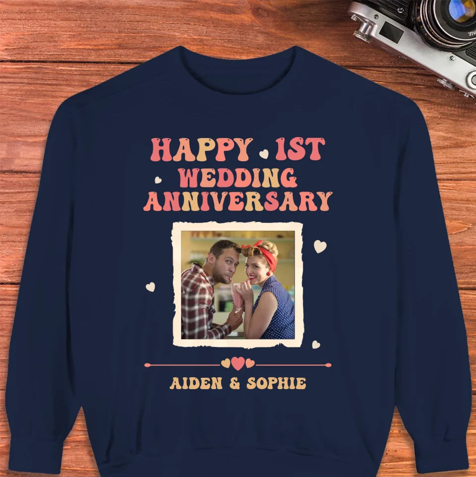 Happy 1st Wedding Anniversary, Retro Style - Personalized Gifts For Couples - Unisex Sweater