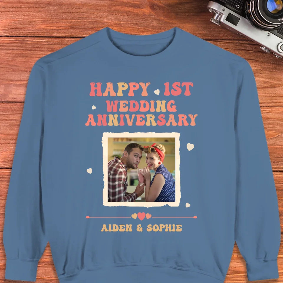 Happy 1st Wedding Anniversary, Retro Style - Personalized Gifts For Couples - Unisex Sweater