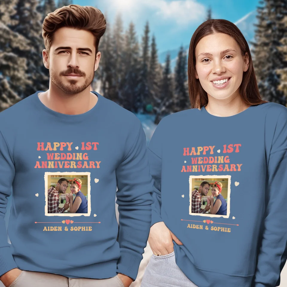 Happy 1st Wedding Anniversary, Retro Style - Personalized Gifts For Couples - Unisex Sweater