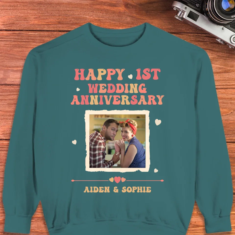 Happy 1st Wedding Anniversary, Retro Style - Personalized Gifts For Couples - Unisex Sweater