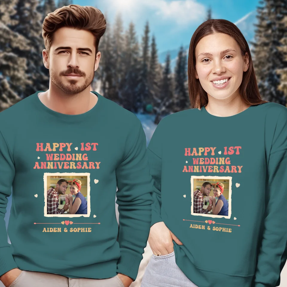 Happy 1st Wedding Anniversary, Retro Style - Personalized Gifts For Couples - Unisex Sweater