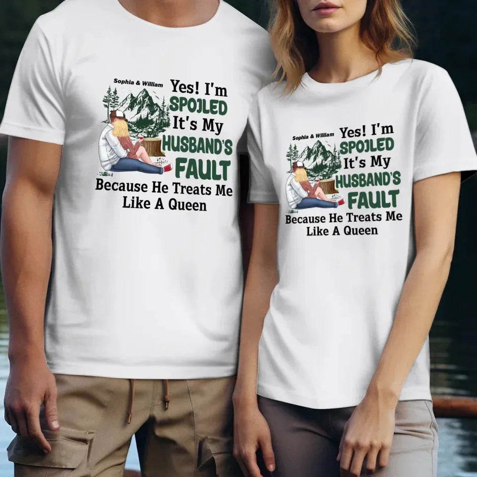 Pampering: Each Blames The Other For Being Lovingly Spoiled - Personalized Gifts For Couples - Unisex T-Shirt