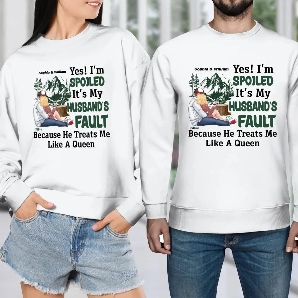 Pampering: Each Blames The Other For Being Lovingly Spoiled - Personalized Gifts For Couples - Unisex Sweater