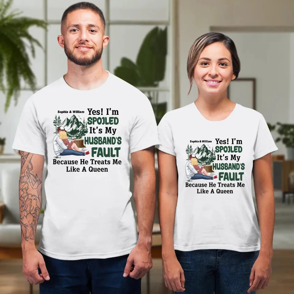 Pampering: Each Blames The Other For Being Lovingly Spoiled - Personalized Gifts For Couples - Unisex T-Shirt