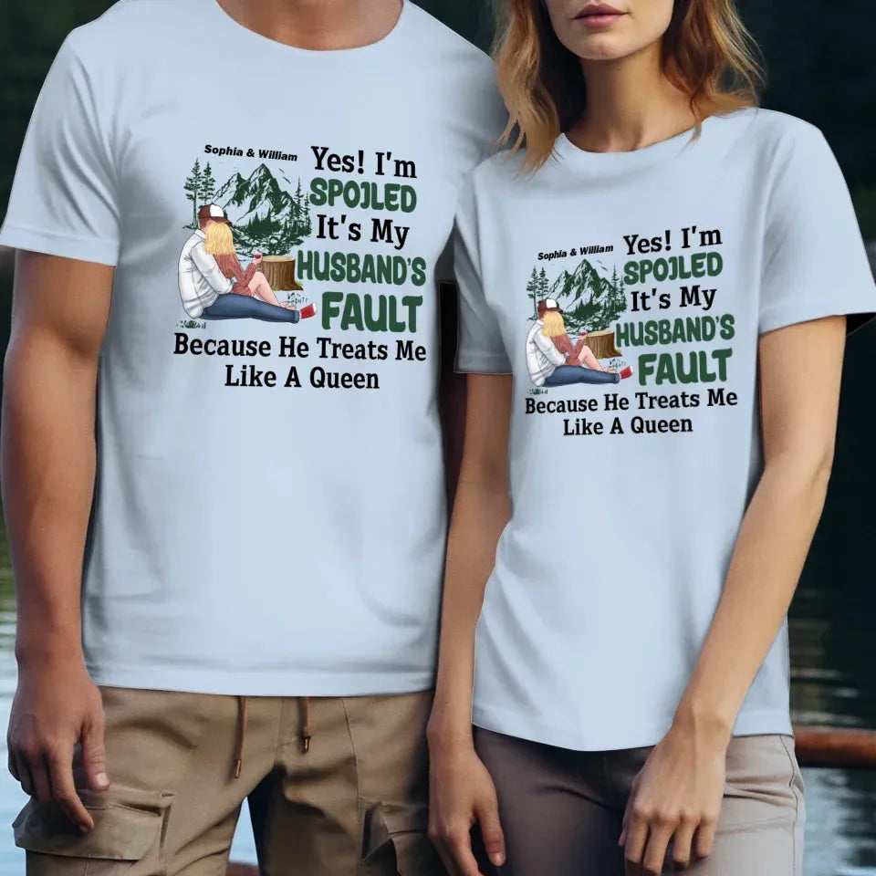 Pampering: Each Blames The Other For Being Lovingly Spoiled - Personalized Gifts For Couples - Unisex T-Shirt