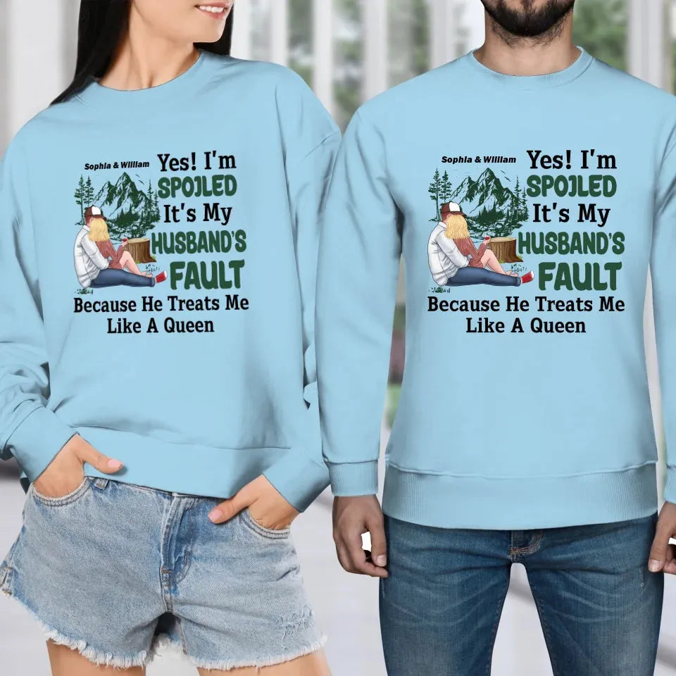 Pampering: Each Blames The Other For Being Lovingly Spoiled - Personalized Gifts For Couples - Unisex Sweater