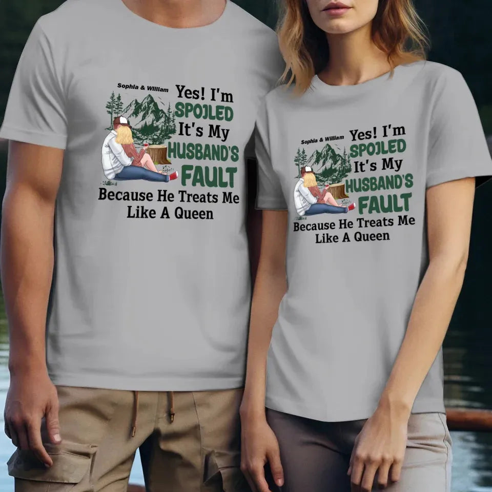 Pampering: Each Blames The Other For Being Lovingly Spoiled - Personalized Gifts For Couples - Unisex T-Shirt