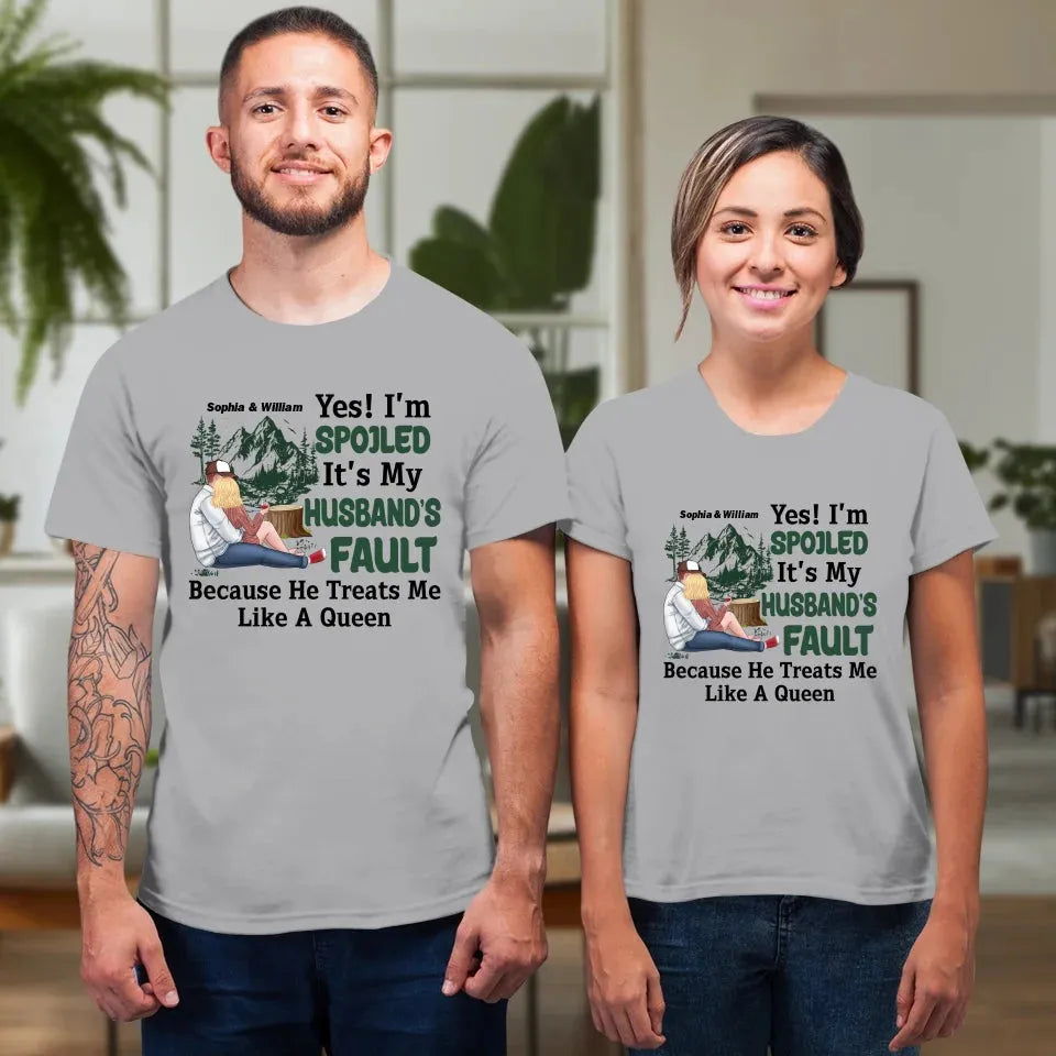 Pampering: Each Blames The Other For Being Lovingly Spoiled - Personalized Gifts For Couples - Unisex T-Shirt