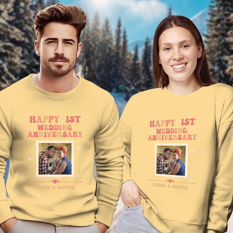 Happy 1st Wedding Anniversary, Retro Vibe - Personalized Gifts For Couples - Unisex Sweater