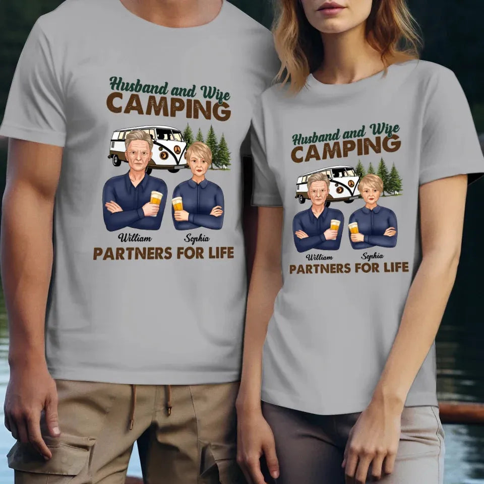 Husband And Wife, Camping Partners For Life - Personalized Gifts For Couples - Unisex T-Shirt