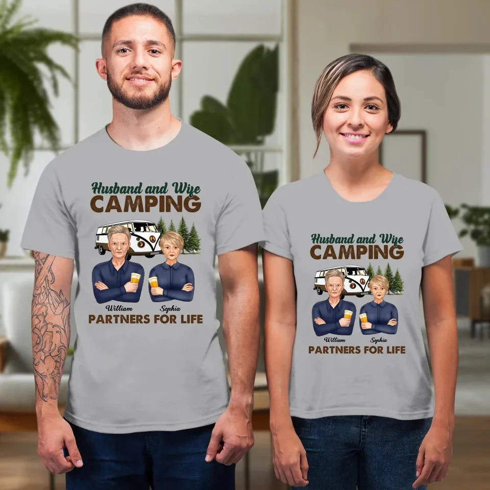 Husband And Wife, Camping Partners For Life - Personalized Gifts For Couples - Unisex T-Shirt