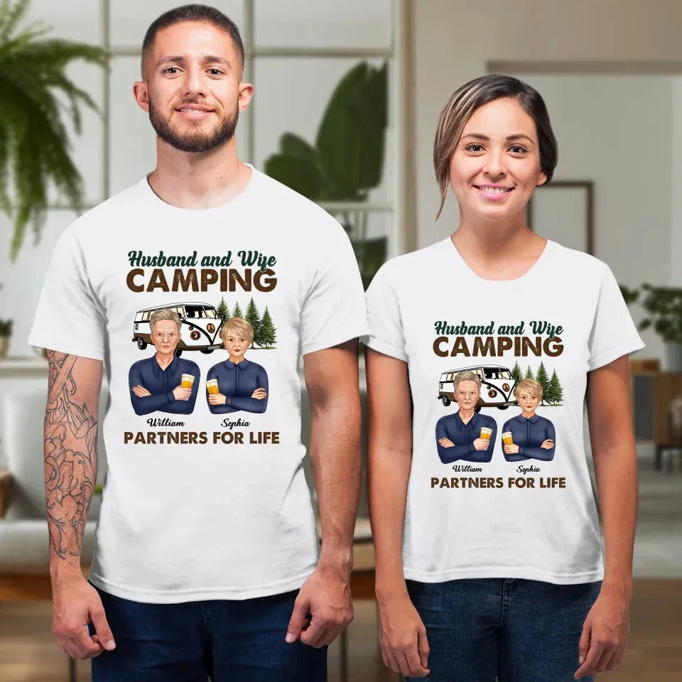 Husband And Wife, Camping Partners For Life - Personalized Gifts For Couples - Unisex T-Shirt