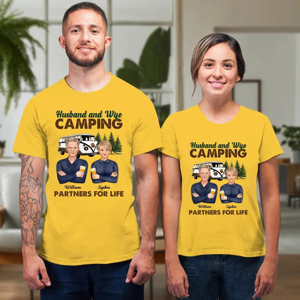 Husband And Wife, Camping Partners For Life - Personalized Gifts For Couples - Unisex T-Shirt