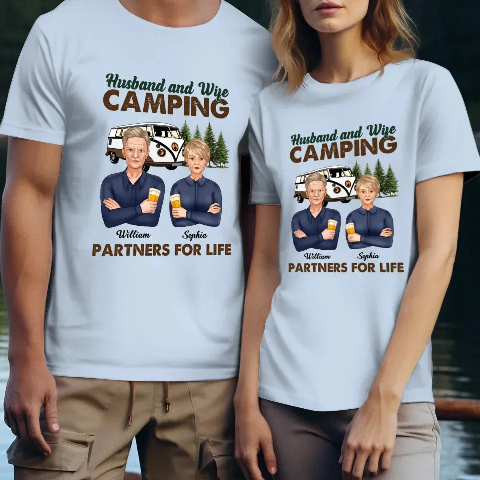 Husband And Wife, Camping Partners For Life - Personalized Gifts For Couples - Unisex T-Shirt