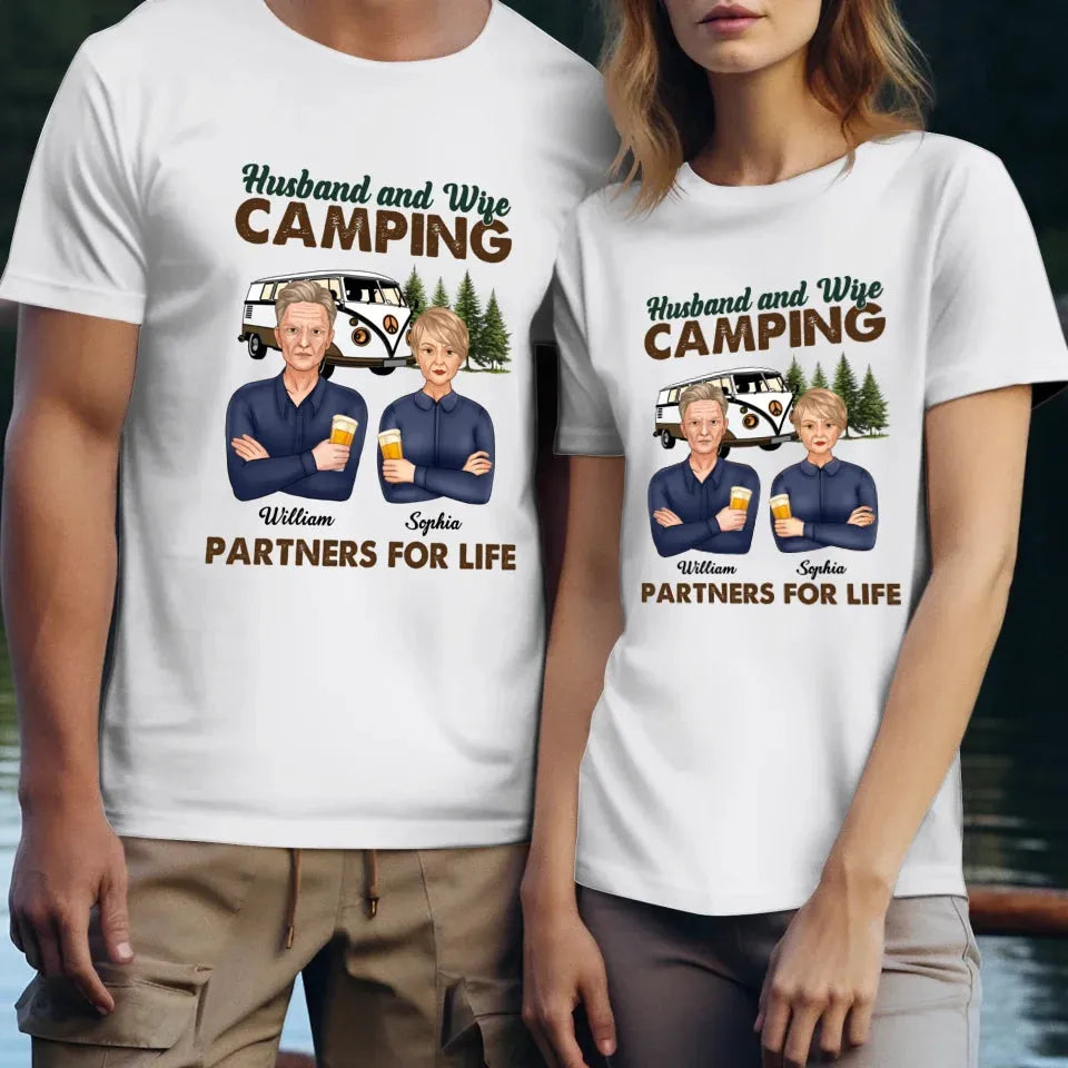 Husband And Wife, Camping Partners For Life - Personalized Gifts For Couples - Unisex T-Shirt