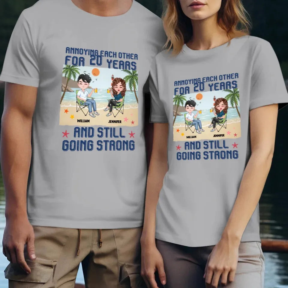 Annoying Each Other For Years With Beach Background - Personalized Gifts For Couples - Unisex T-Shirt