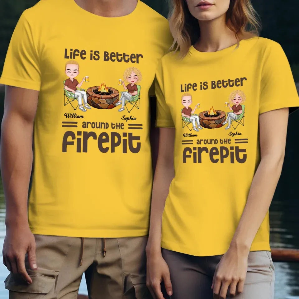 Life Is Better Around The Firepit Husband Wife Camping Couple - Personalized Gifts For Couples - Unisex T-Shirt