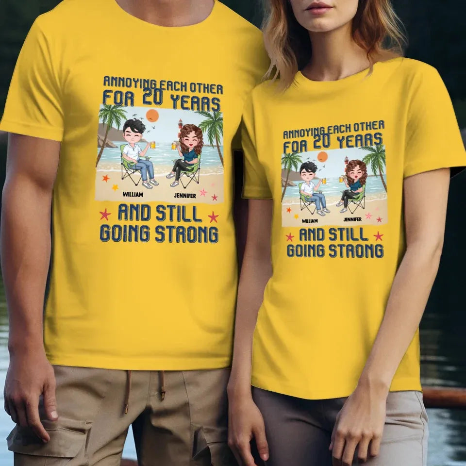 Annoying Each Other For Years With Beach Background - Personalized Gifts For Couples - Unisex T-Shirt