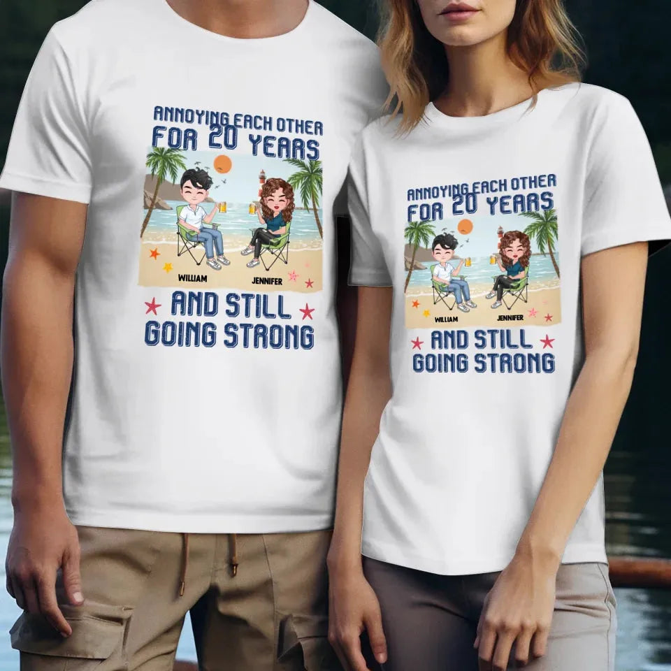 Annoying Each Other For Years With Beach Background - Personalized Gifts For Couples - Unisex T-Shirt