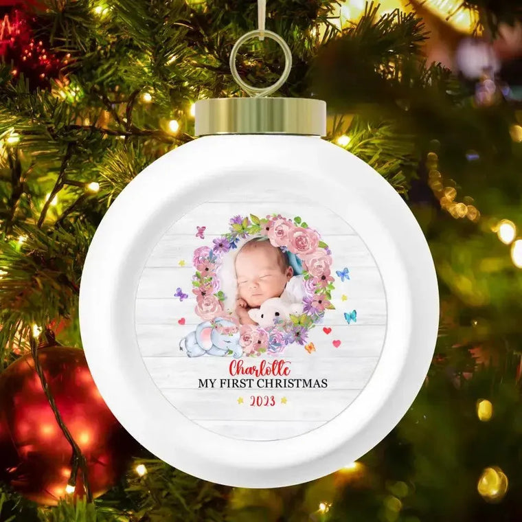 First Winter Holiday - Custom Photo - Personalized Gifts For Baby - Christmas Ball Ornament from PrintKOK costs $ 19.99