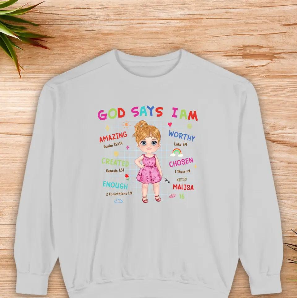 God Says I Am Amazing - Personalized Gift For Kids - Unisex Family Sweater from PrintKOK costs $ 48.99