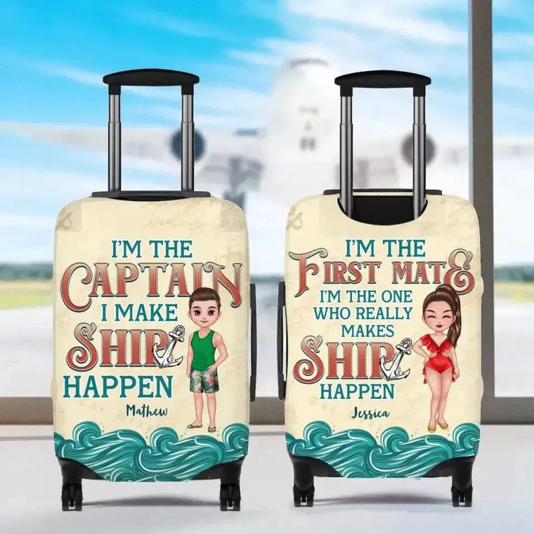 Show off your love for travel with this personalized luggage cover featuring a captain and first mate. Perfect for couples on the go!