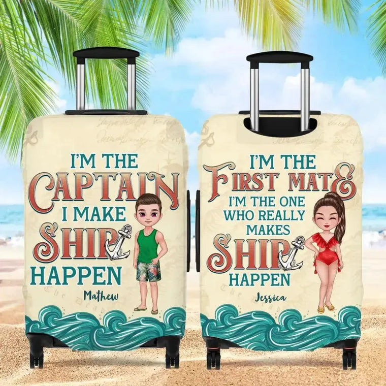 Protect your luggage in style with this cute captain and first mate luggage cover. Personalized and perfect for travel-loving couples!