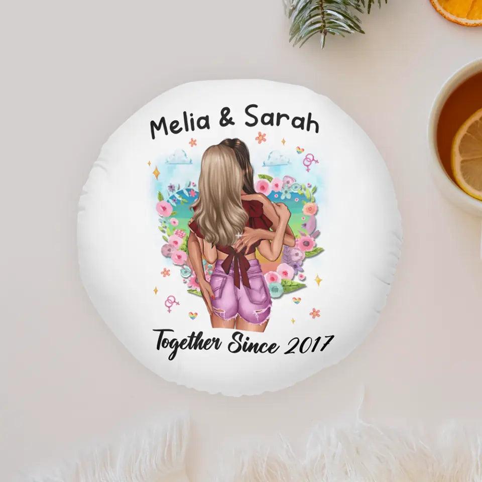 Celebrate love with a personalized round cushion, ideal for a gay couple's Valentine's or anniversary gift.