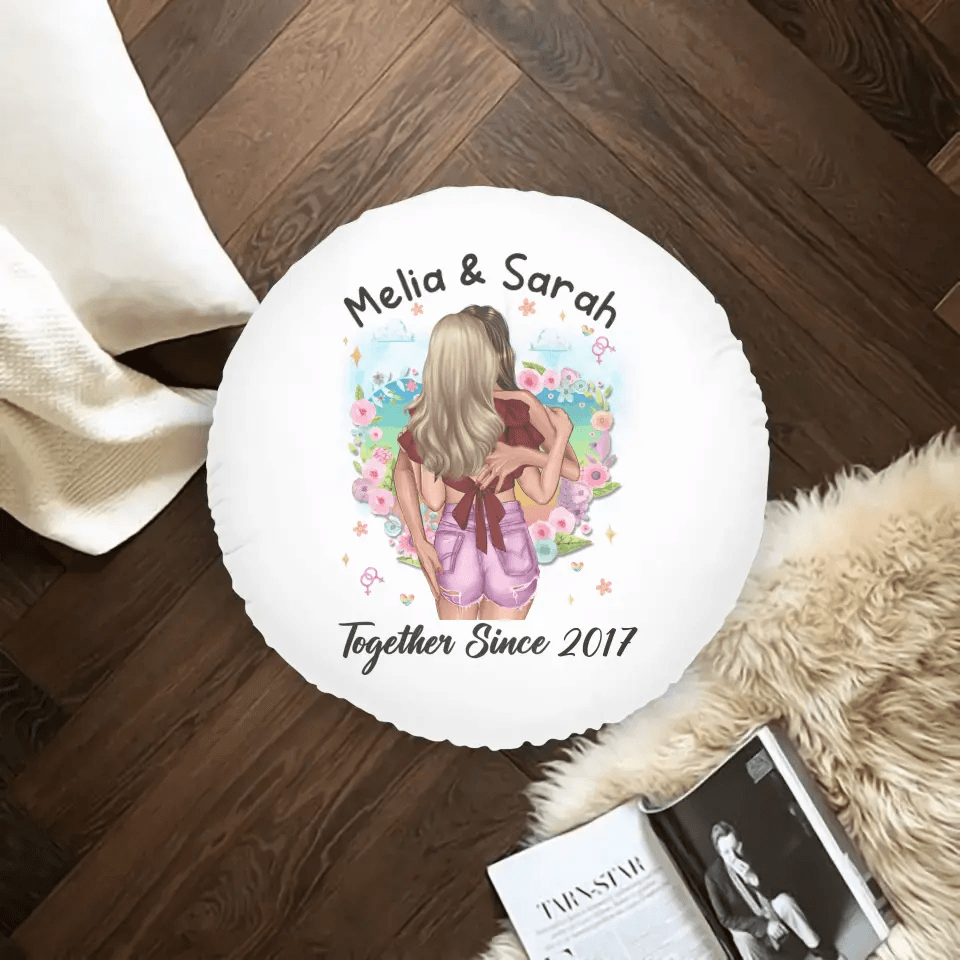 A cozy personalized round cushion, perfect for a gay couple's Valentine's or anniversary celebration.